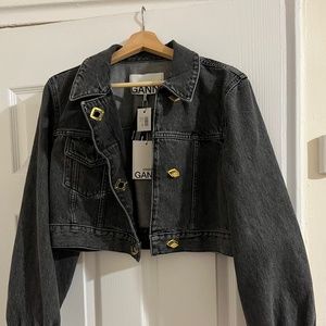 GANNI Asymmetrical Cropped Washed Denim Gray Jacket